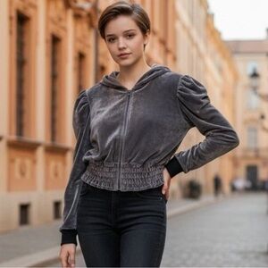 Roma Concepts Womens Gray Zip-Up‎ Puff Sleeve Hoodie 1X